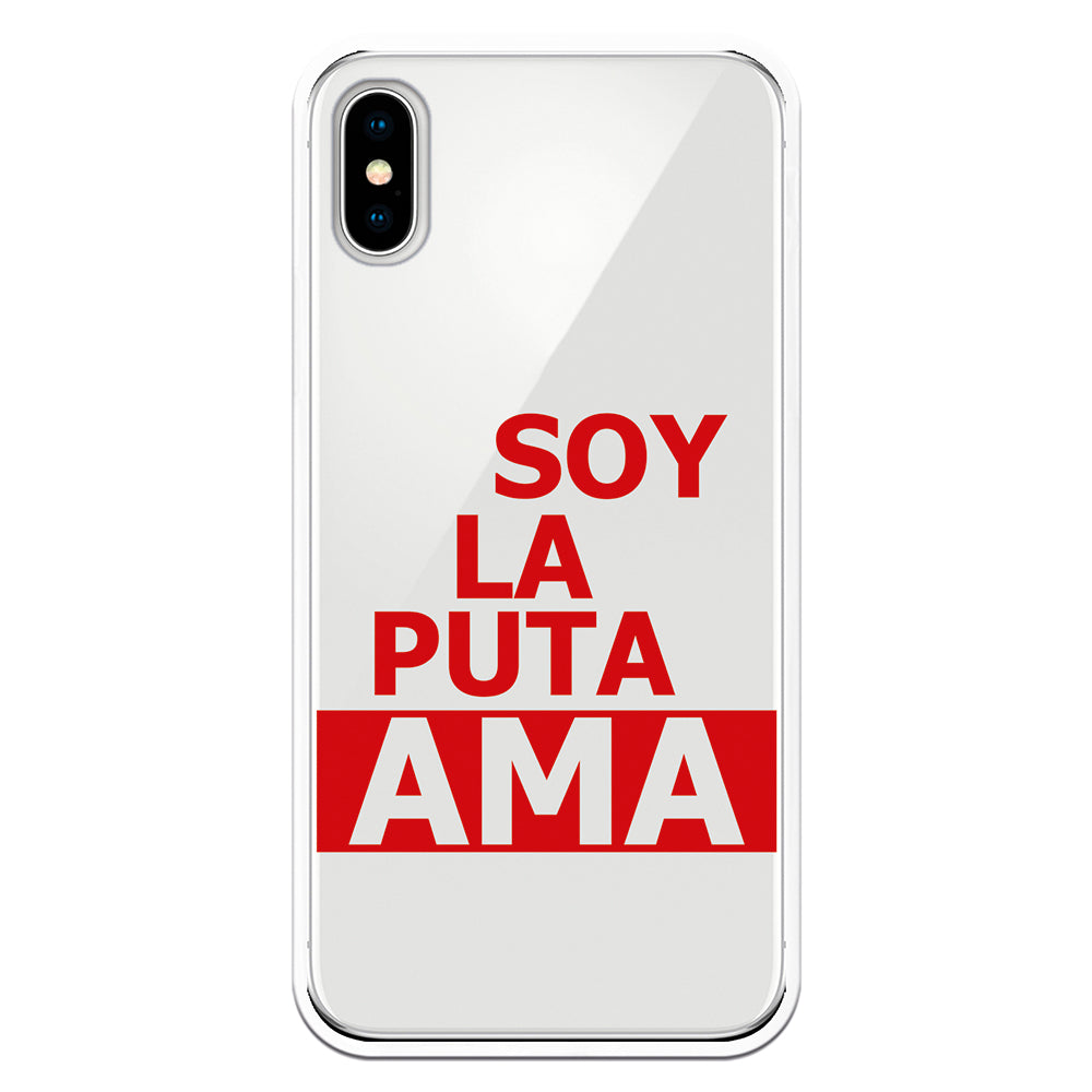 Funda móvil Soy la puta ama letras rojas y fondo transparente.