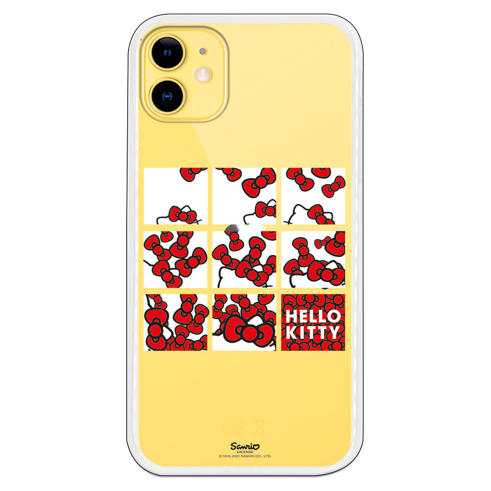 Carcasa móvil de Hello Kitty con fondo corazones y lazitos cuadrados con fondos transparente.