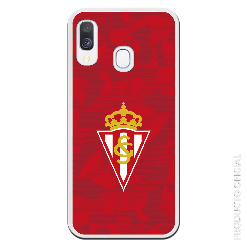 Funda móvil Sporting de Gijón escudo en el medio y fondo rojo triangulares con efecto relieve distinos colores rojos