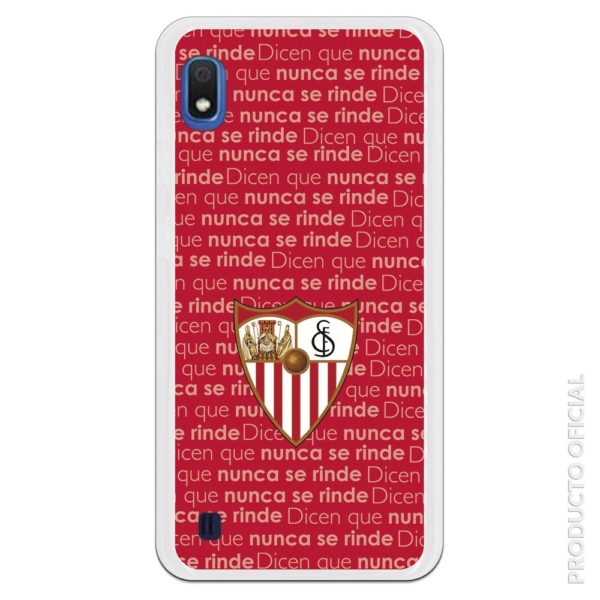 Funda móvil Sevilla escudo con fondo rojo sevilla y letras dicen que nunca se rinde