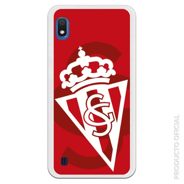 Funda móvil Sporting Gijón escudo doblado blanco y rojo fondo