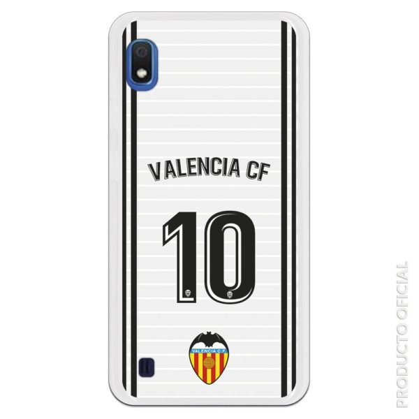Funda móvil estilo camiseta primera equipación Valencia C.F 10 con fondo blanco con rayas. Regalo afición