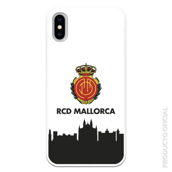 Funda móvil RCD Mallorca escudo y skyline fondo ciudad de mallorca