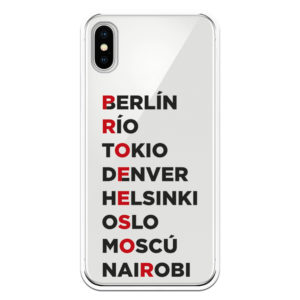 Funda móvil letras rojo y negro Berlín, Río, Tokio, Denver, Helsinki, Oslo,Moscú, Nairobi