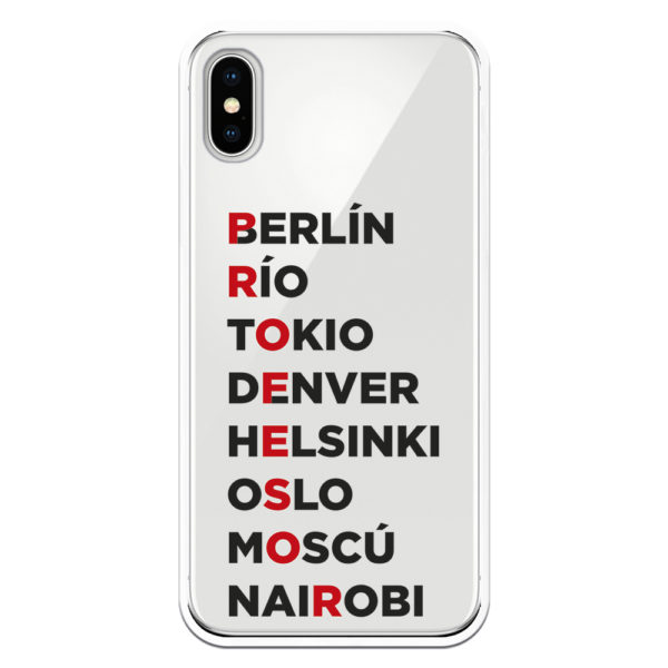 Funda móvil letras rojo y negro Berlín, Río, Tokio, Denver, Helsinki, Oslo,Moscú, Nairobi