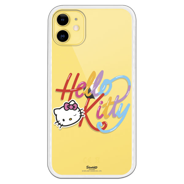 Funda de Hello kitty guiñando un ojo y letras de hello kitty de colores fondo transparente