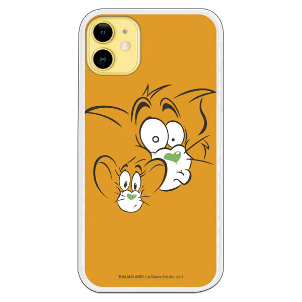 Funda móvil Tom y Jerry cara preocupados fondo amarillo huevo nariz corazón verde