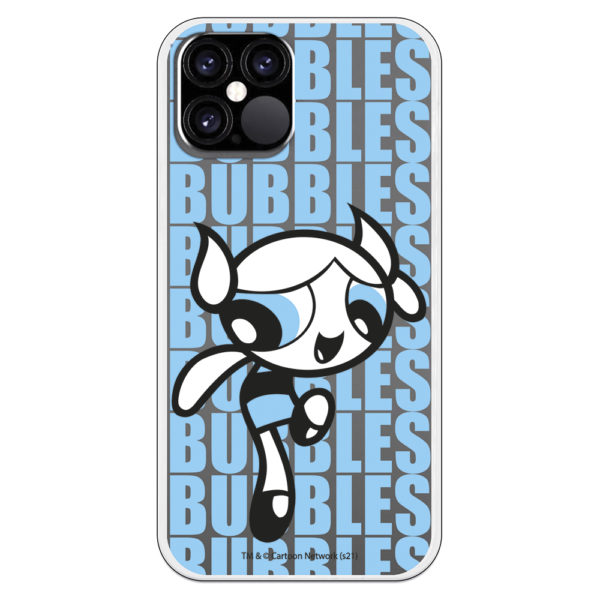 Carcasa móvil Burbuja supernenas bubbles color azul con fondo transparente colores negro azul y blanco.